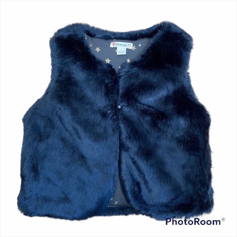 Crewcuts Reversible Faux Fur Vest Navy Blue Star Print Small Girls Kids